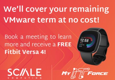 Image stating we will cover your remaining VMware term at no cost. Book a meeting to learn more and receive a free fitbit versa 4!
